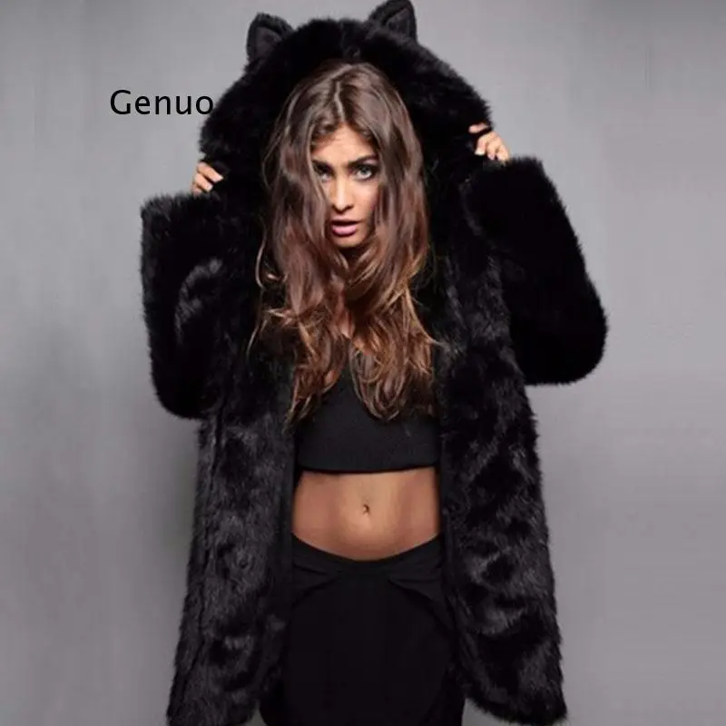 Winter Couple Faux Fur Coat 2021 Casual  Women Hooded Fox Fur Jacket Coat Bear Ear Warm Long Sleeve Jacket Overcoat