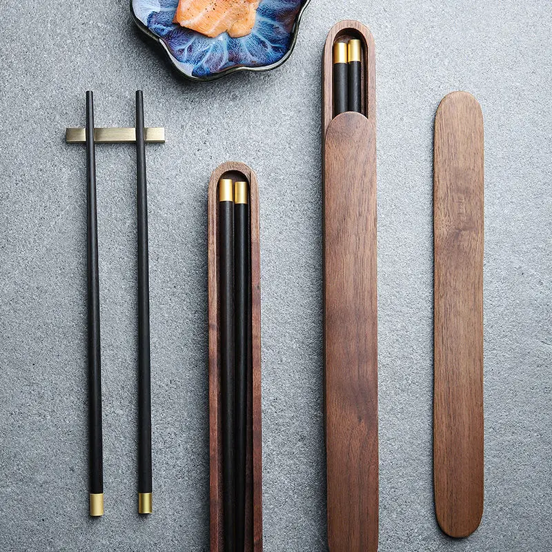 Chinese High-end Ebony Chopsticks Brass Household Chopsticks No Paint, No Wax, Non-slip Wooden Box Portable Set Tableware