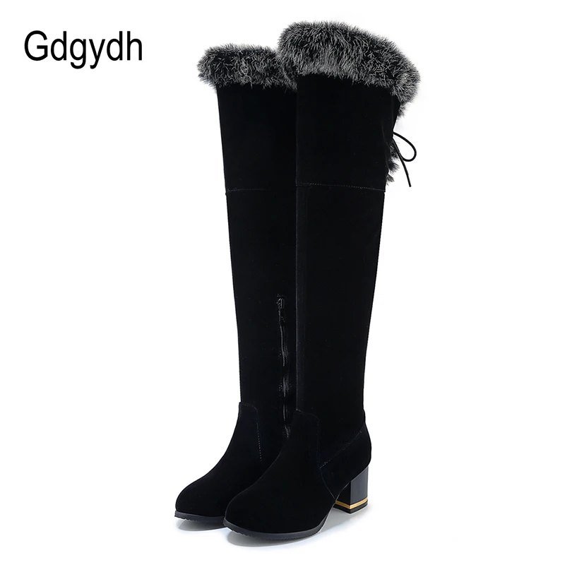 Gdgydh Natural Fur Winter Boots Women Knee High Long Boots Square Heel Winter Shoes Woman Waterproof Rubber Sole Plus Size 46