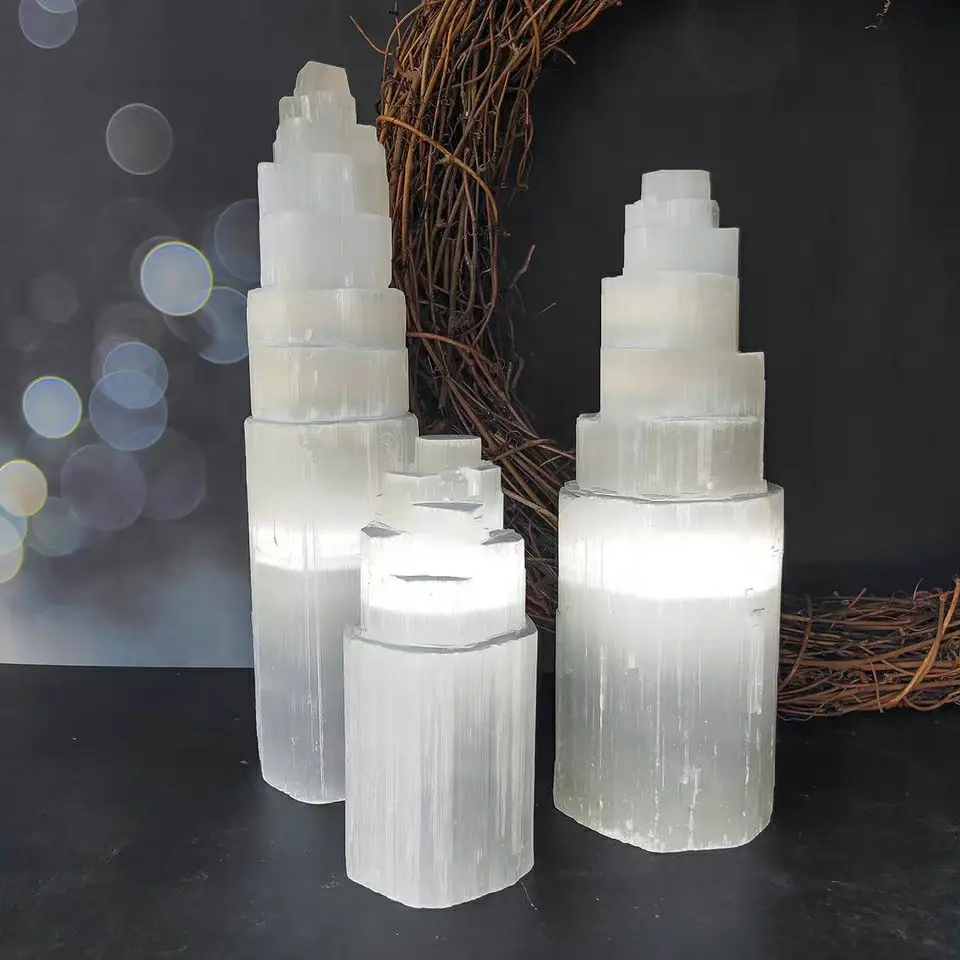 1pcs  Transparent White Selenite Tower Gypsum Stone Quartz Crystal Tower Shaped Power Gift Relaxation Reiki healing Decoration