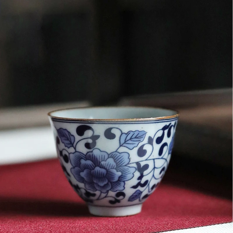 Blue and white porcelain tea bowl, stoneware teacup, Kung Fu retro handmade tea bowl No. yz80