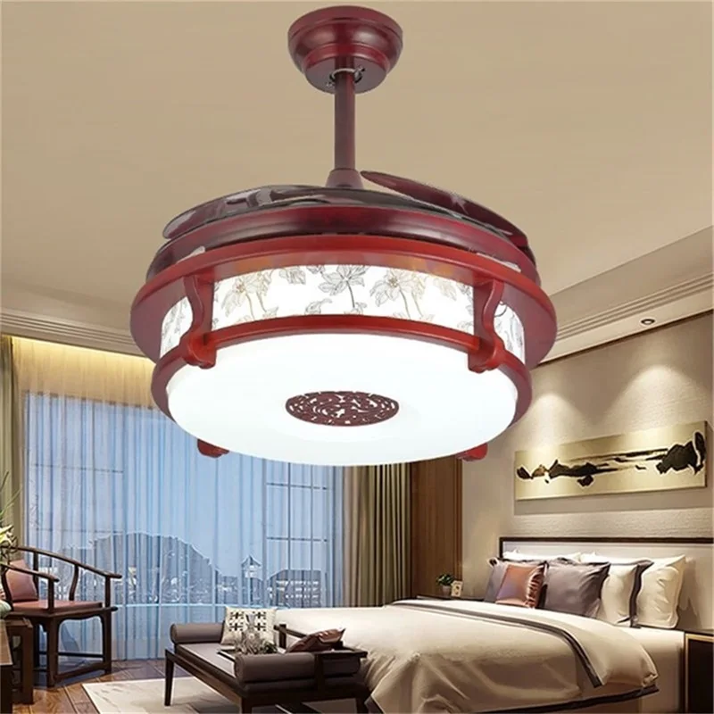 OUFULA Ceiling Fan Light Invisible Red Lamp With Remote Control Modern LED For Home Living Room