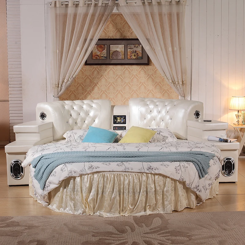 2m top grain leather round soft bed bedroom furniture with speaker #CE-C752