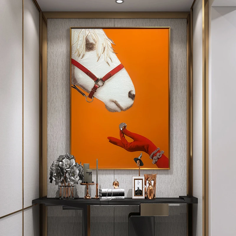 Abstract Classic Horse Orange Horse Racing Canvas Painting Wall Art Riding Woman Wall Pictures for Living Room Home Decoration