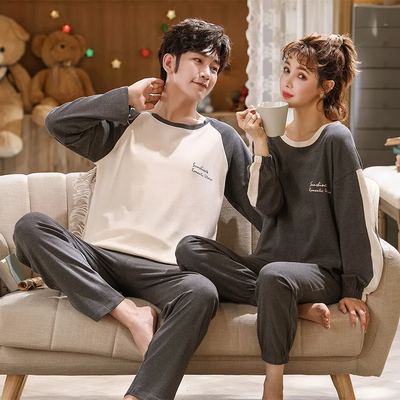 

Foply Couple Pajamas Set 100% Cotton Homewear Fresh Style Long Sleeve Sleepwear New Autumn Pj Set For Lover Pijamas Mujer Suit