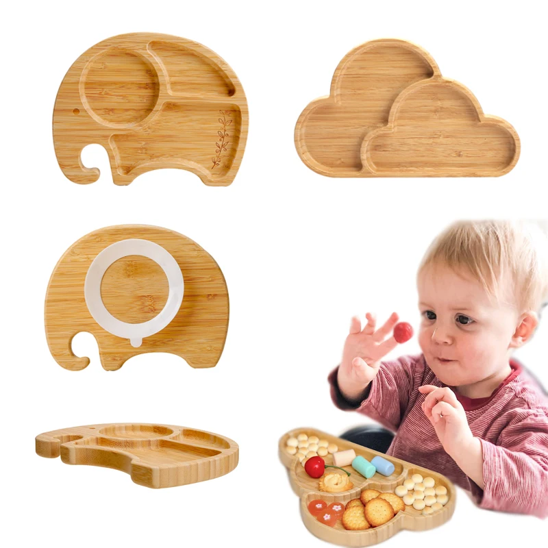 Wooden Baby Feeding Bowl Cartoon Elephant Clouds Bamboo Kids Feeding Dinnerware With Silicone Suction Cup Anti-hot Tableware