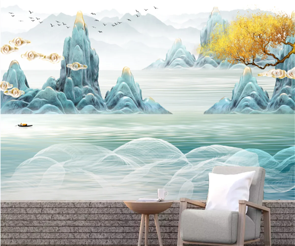 

New Chinese elegant tree relief landscape living room background wall painting custom 3d home decoration wallpaper wall stickers