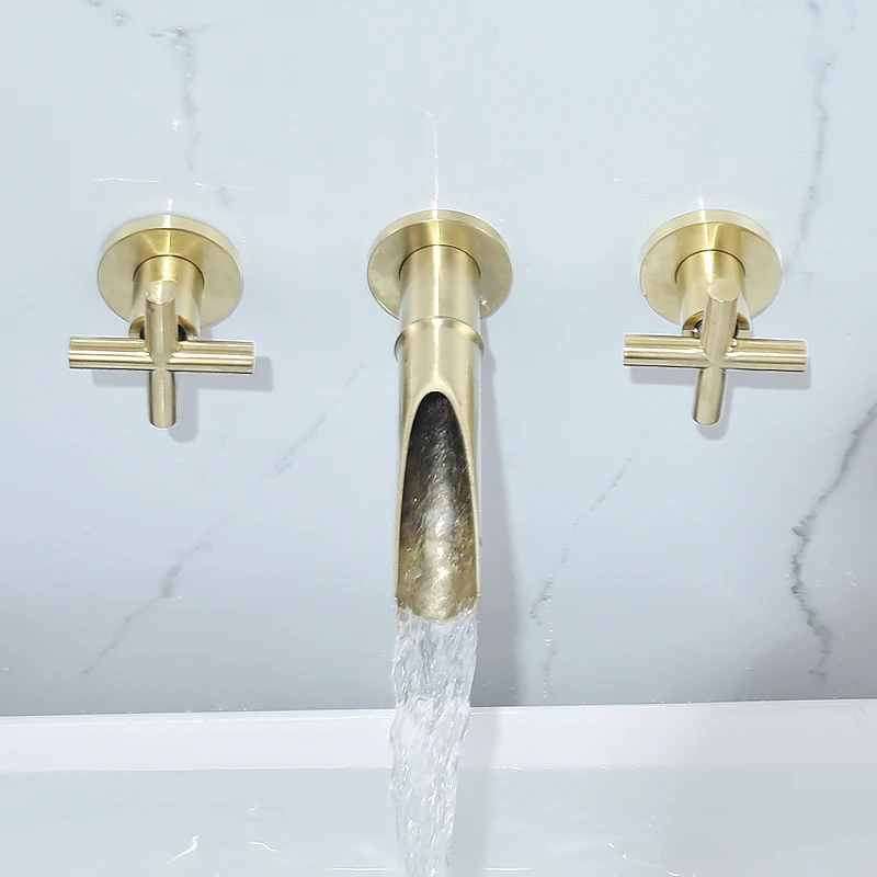 

Bathroom Sink Basin Faucet Bath Mixer Tap Wall Mount Brass Waterfall With Double Handle Hot And Cold Water Set