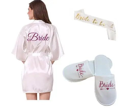 Customize 3pc set of glitter gold bride satin short bride robe slippers bridal sash peignoir women Bridal Party 2019 kimono robe