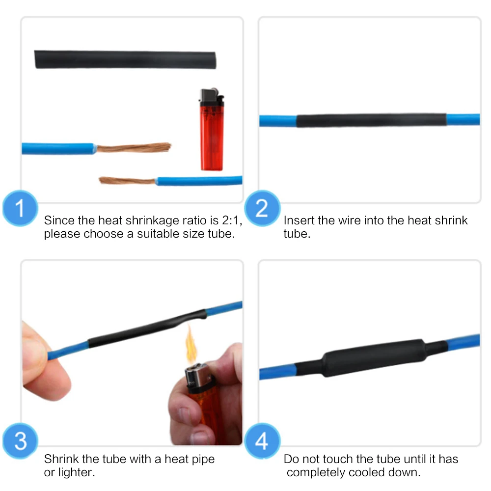 625PCS 2:1 Black Insulated Polyolefin Heat shrink Tubing Electronic DIY Kit Insulated Polyolefin Sheathed Shrink Tube Cable Tube