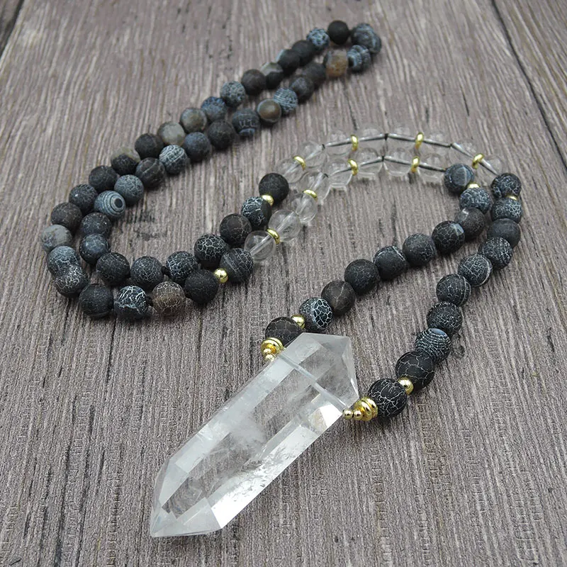 Natural Clear Quartz Crystal Point Pendant Knotting Necklace 8mm Black Weathering Agate Round Beads 30inches 40inches
