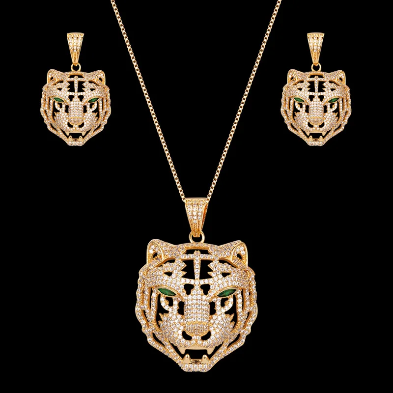 

Zlxgirl jewelry brand tiger shape men's pendant with earring jewelry Set perfect mirco paved zircon copper wedding necklace ears