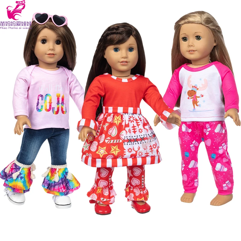 18 Inch Girl Doll Clothes Denim Tie-dye Flared Pants Baby Doll Clothes Raibow Jacket Set Baby Girl New Year Gift