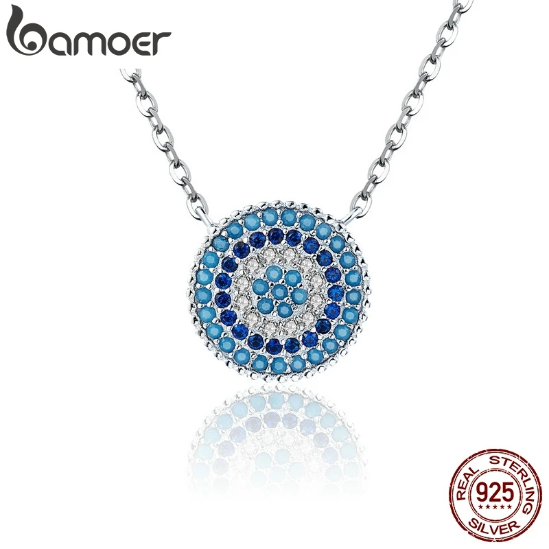 BAMOER Authentic 925 Sterling Silver Blue Evil Eyes Necklace Women Lucky Pendant Necklaces Fashion Jewelry SCN099