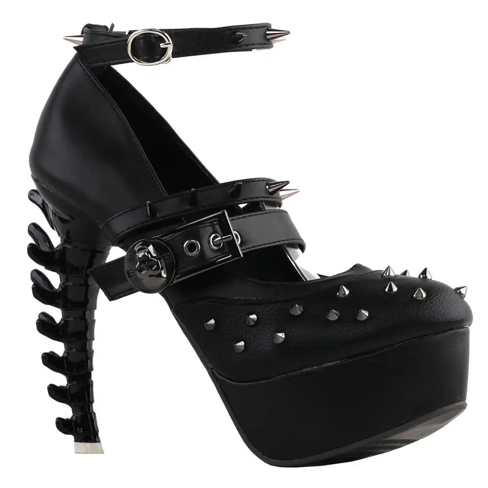 LF80698 SHOW STORY Punk Black Spike Strappy Buckle Mary-Jane Gladiator Platform Bone Heels Pumps