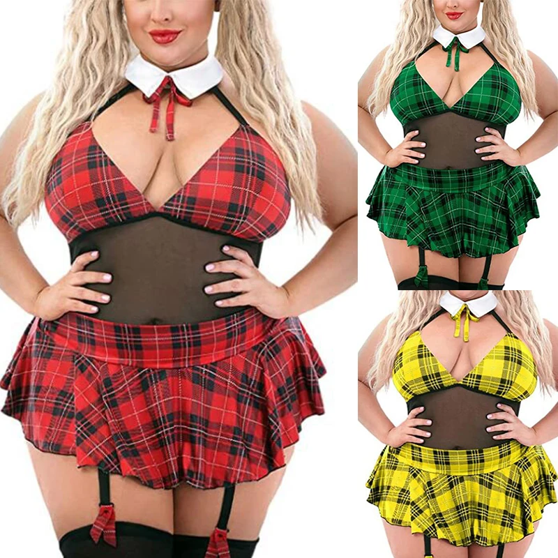 Plus Size Schoolgirl Costumes Sexy Role Play Uniform Erotic Naughty Lingerie Plaid Night Halloween Women Roleplay Sex Cosplay