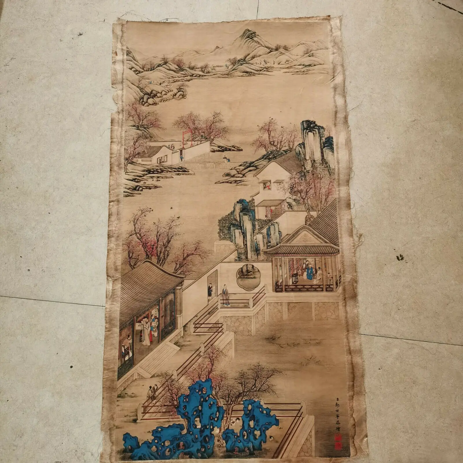 

Chinese Old Scroll Langshining's landscape figure Painting Rice Paper Painting