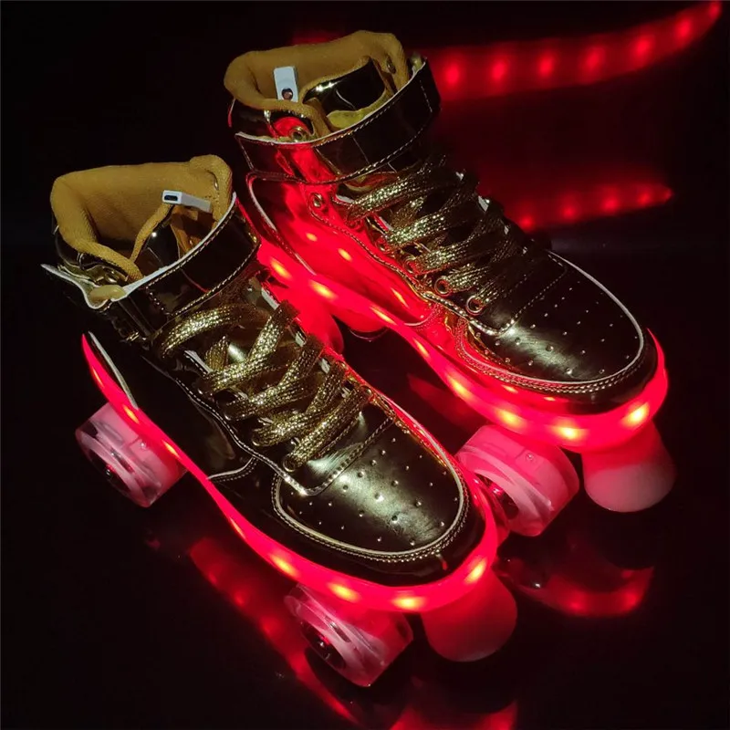 Baru Datang Flash LED 7 Warna Dapat Diisi Ulang Sepatu Roda Baris Ganda 4 Roda PU Tahan Lama Outdoor Dewasa Anak-anak Wanita pria Patines Sepatu