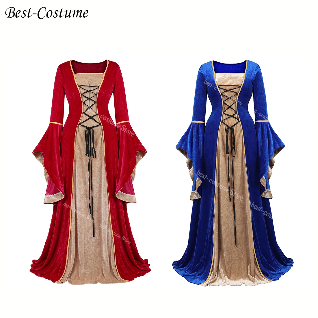 Women Medieval Renaissance Dress Cosplay Halloween Costumes Plus Size Elegant Velvet Dress Long Sleeves Green Victorian Gown