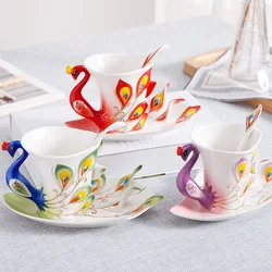 Creative 3D Hand Crafted Porcelain Enamel Peacock Coffee Cup Set with Saucer And Spoon Present Ceramic Tea Water Cup Dish Gift