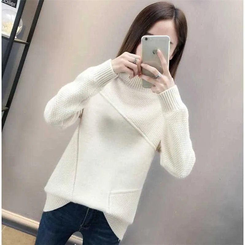 New 2019 Loose Warm Autumn Winter Pullover Sweater Women Jumper Half Turtleneck Long Sleeve Knit Purple Sweater Female NS4380