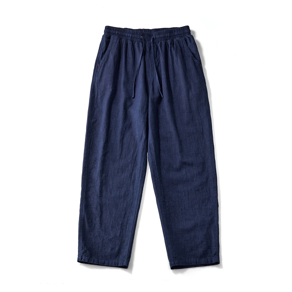 ญี่ปุ่น Retro Indigo กางเกง Cargo ผู้ชายหลายกระเป๋าหลวมขากว้างกางเกงผ้าฝ้ายผ้าลินินโฟร์ซีซั่นลำลองตรงกางเกงยาว