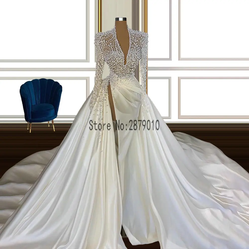 Long Sleeve Pearls Mermaid Wedding Dresses with Removable Train Satin Bridal Gowns Custom Made