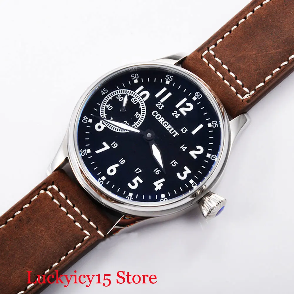 Mechanical 44mm Hand Winding Men\'s Watch Black Dial 17 jewels 6497 Movement Black Dial White Marks