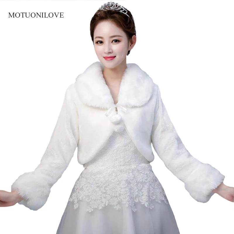 

Off White Long Sleeves Wedding Capes Wraps Winter Fur Shrugs For Women Faux Fur Coat Bride Jackets Fur Stoles Bolero Para Novia