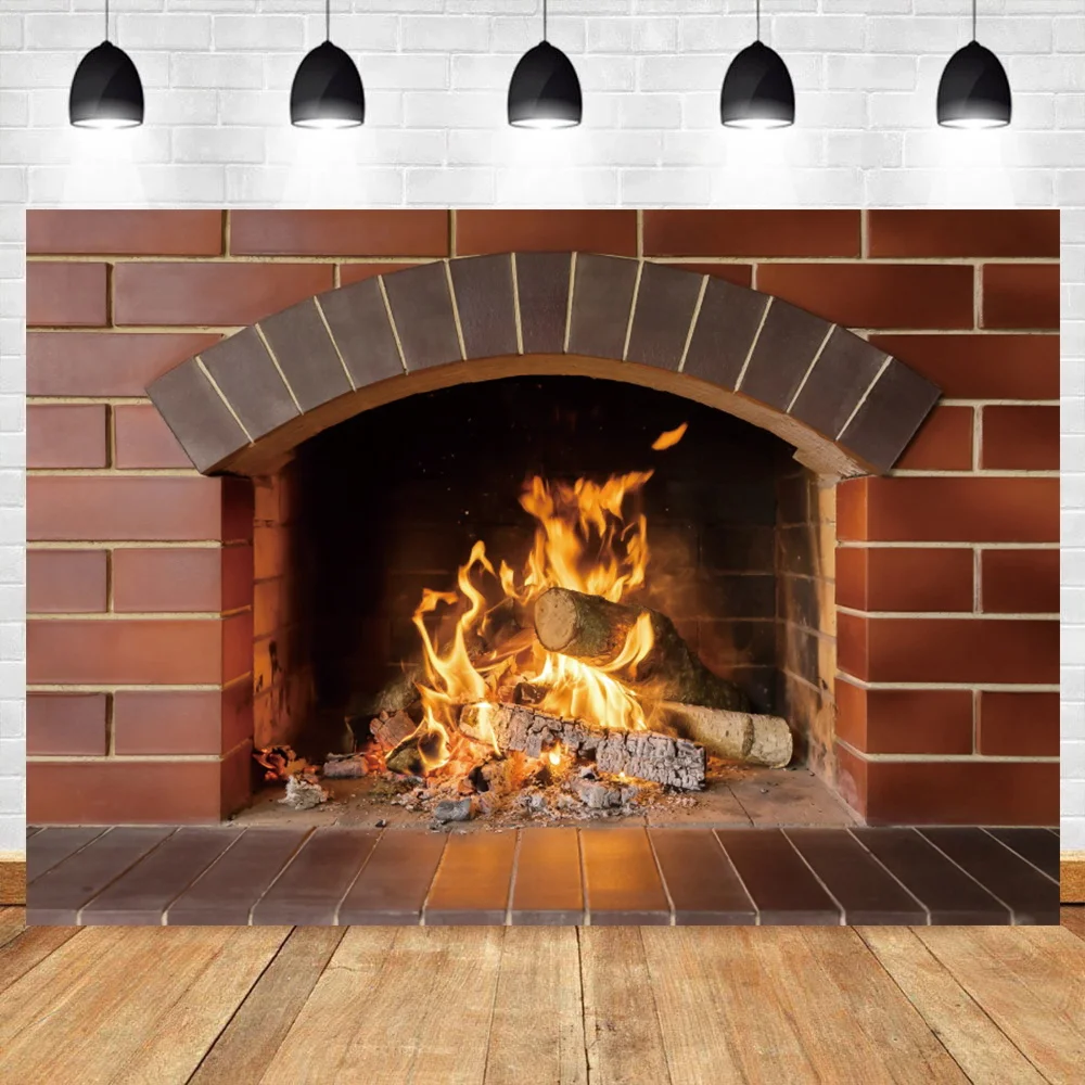 

Laeacco Winter Brick Fireplace Wood Burning Fire Christmas Rural Home Decor Photo Backdrops Photography Background Photo Studio