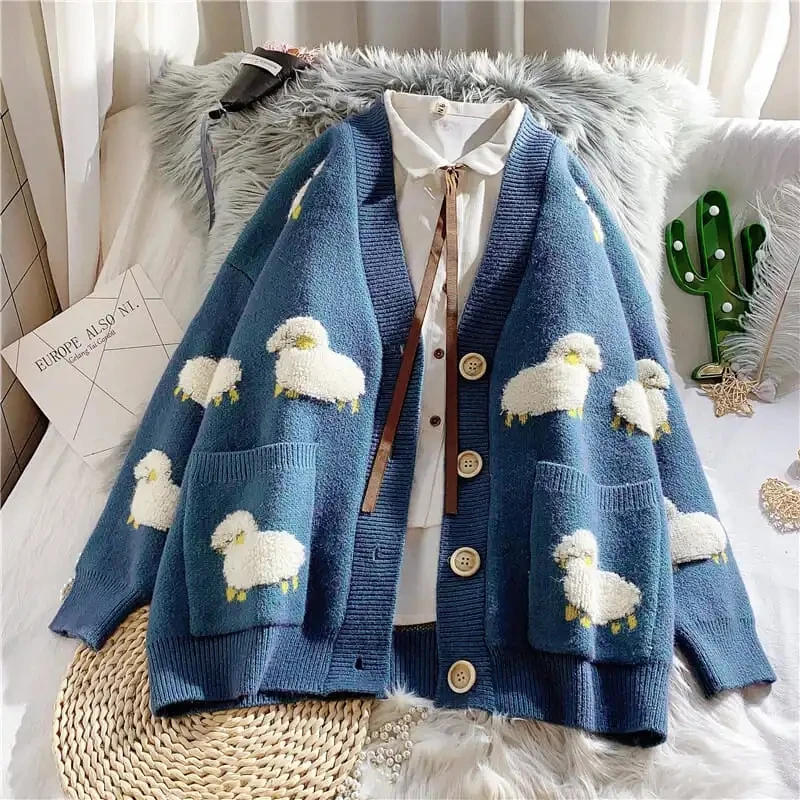 Design sense cartoon printing thick sweater cardigan women's 2020 spring and autumn new Korean fashion Japanese knitted jacket