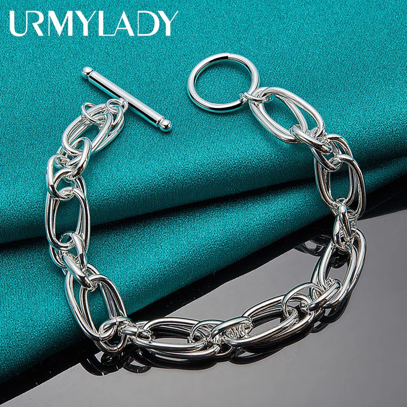 

URMYLADY 925 Sterling Silver Double Ring Chain Bracelet For Women Men Wedding Party Fashion Jewelry