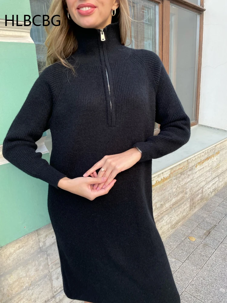 HLBCBG Long Knit Sweater Dress For Women 2021 Autumn Winter Thick Warm Long Maxi Dress Elegant Zipper Robe Femme Vestidos