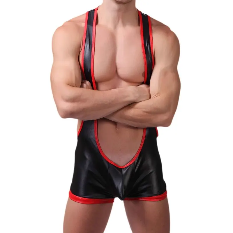 PU Leather Undershirts Leotard Men Bodysuit Jockstrap Latex Lingerie Open Butt Bugle Pouch Jumpsuit Wrestling Singlet Underwear