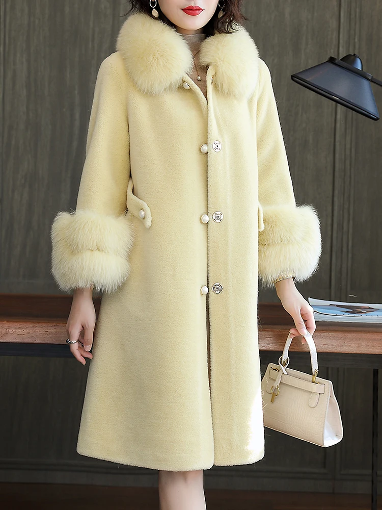 Coat Fur Real Female Sheep Shearling Jacket Winter Coat Women Fox Fur Collar 100% Wool Coat Korean Long Jackets MY4554 s