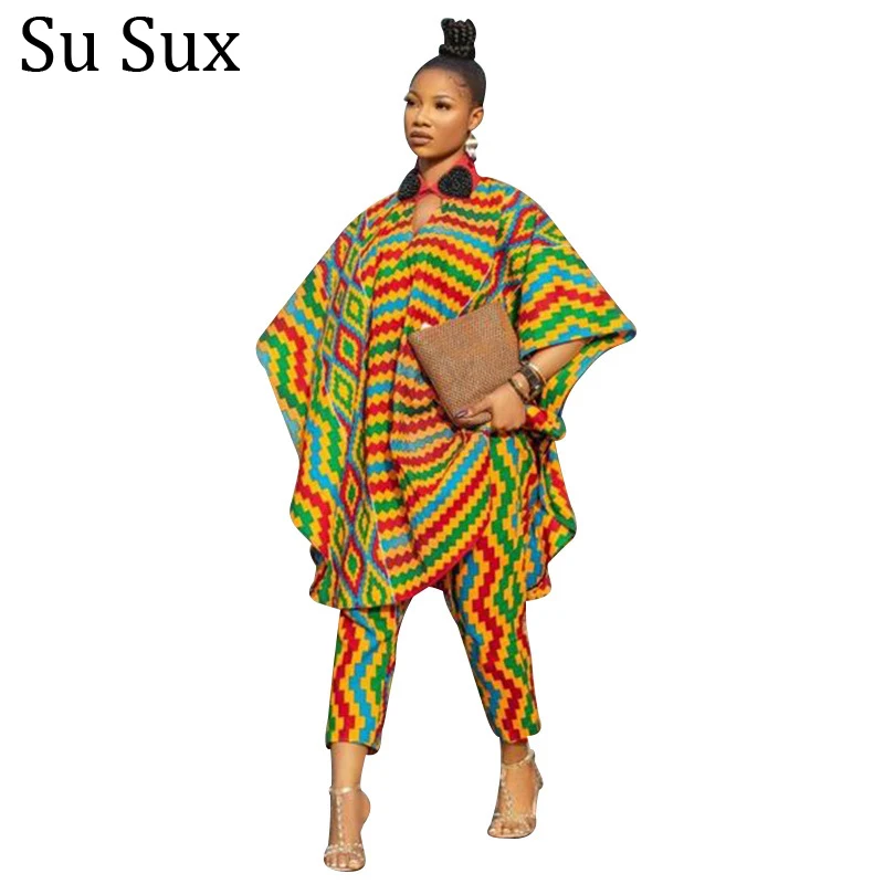 

African Clothes For Women Dashiki Plus Size 2 Piece Set Loose Print Short Sleeve Top and Pencil Pant Suits Vestidos Africa