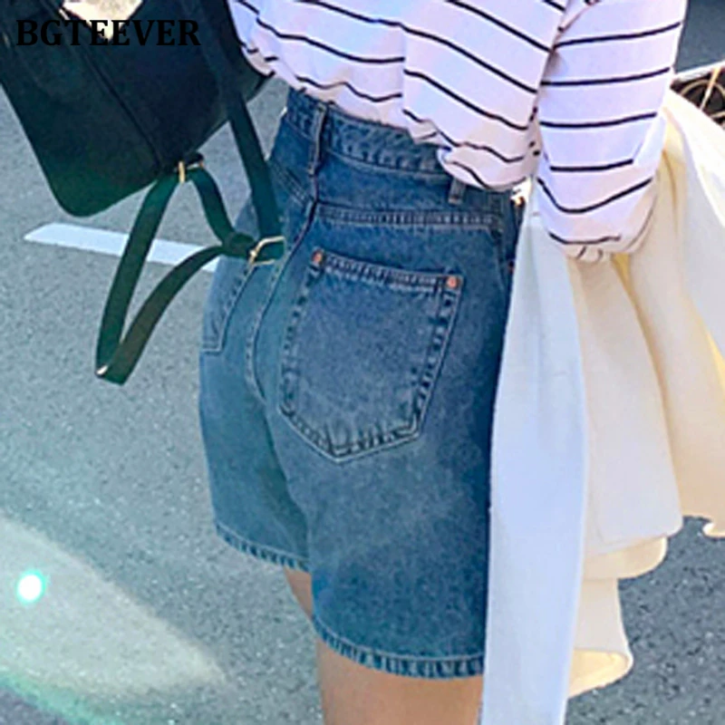 BGTEEVER Casual High Waist Straight Jeans Shorts Summer Pockets Loose Female Blue Denim Shorts Ladies High Street Bottoms 2020