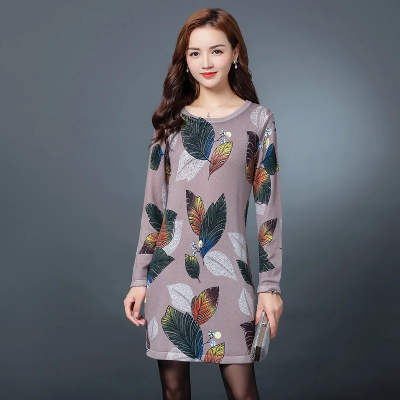 

Women Sweater Dress Winter Autumn Floral Printed Long Sweaters Female Fashion Printing Knit Dress Pullovers