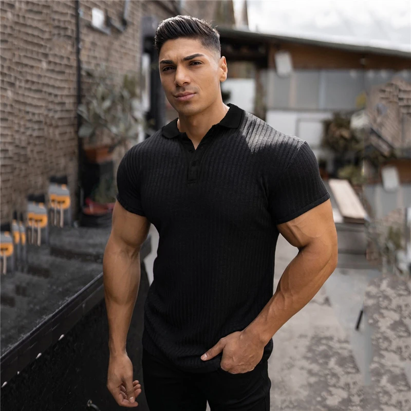 Knitted Polo Shirt Men Gym Fitness Skinny Short Sleeve T-shirt Male Bodybuilding Tee Shirt Sports Polos Summer Workout Clothing