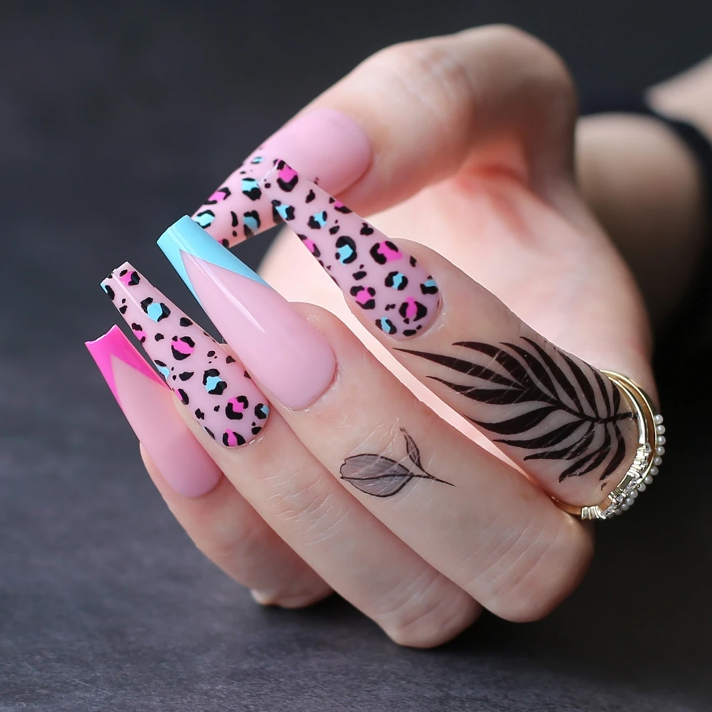 Pink cheetah extra Coffin Artificial false nails Ballet Candy Leopard French Blue Fake nails Nude press on nails