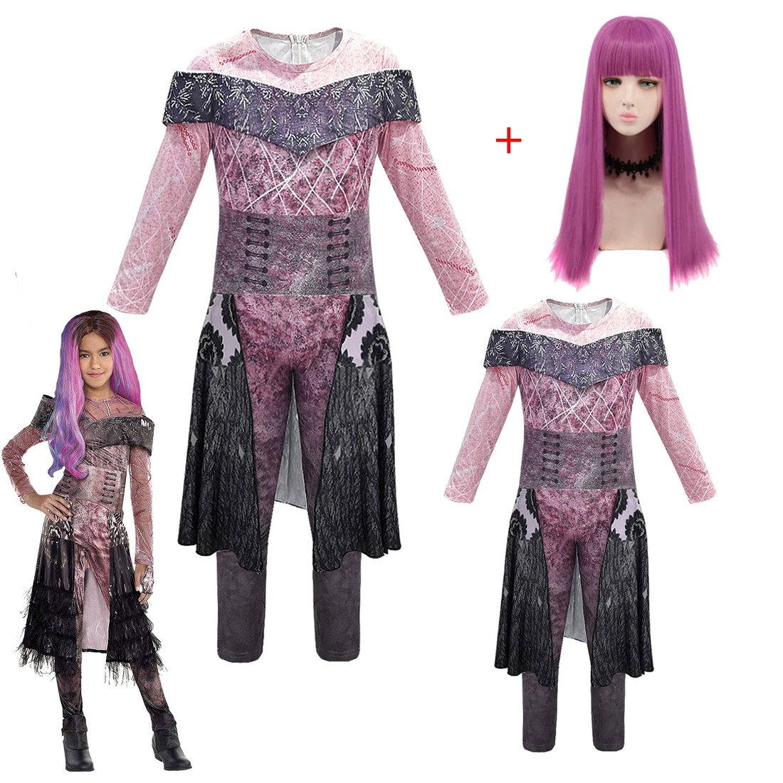 

Halloween Costume for Kids Women Descendants 3 Mal Bertha Maleficent Audrey Cosplay Costume Carnival Clothes Jumpsuits for Girl