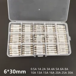 75pcs Ceramic Fuse 6mm x 30mm 0.5A 1A 2A 3A 4A 5A 6A 8A 10A 13A 15A 20A 25A 30A Fuse Assortment Kit 250V 6x30mm Insurance Tube