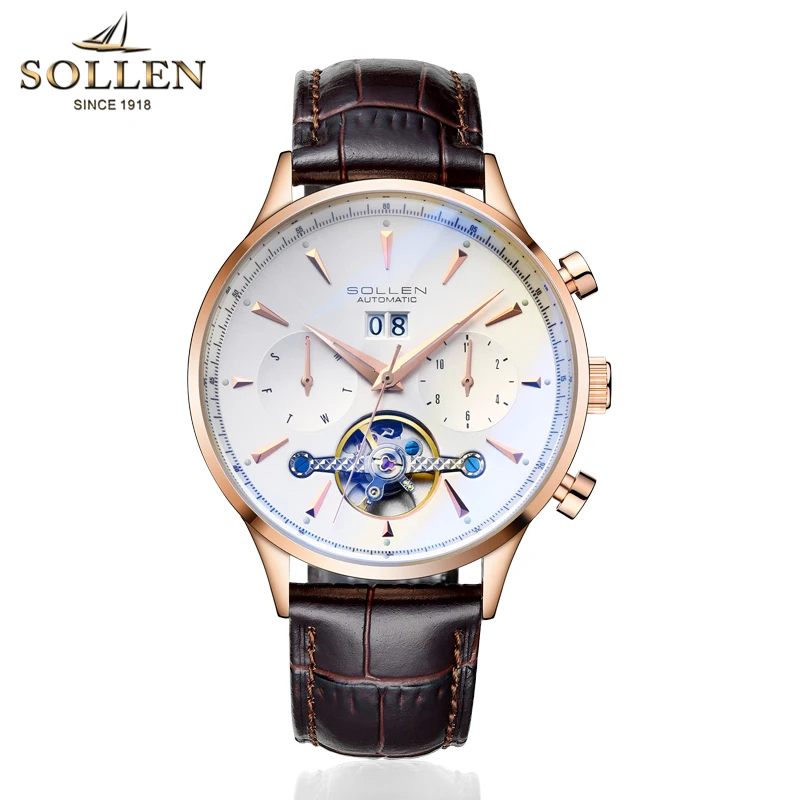 Luxury Brand Switzerland SOLLEN Automatic Mechanical Men's’ Watches Multi-function Dial Skeleton Waterproof Leather Clocks SL308