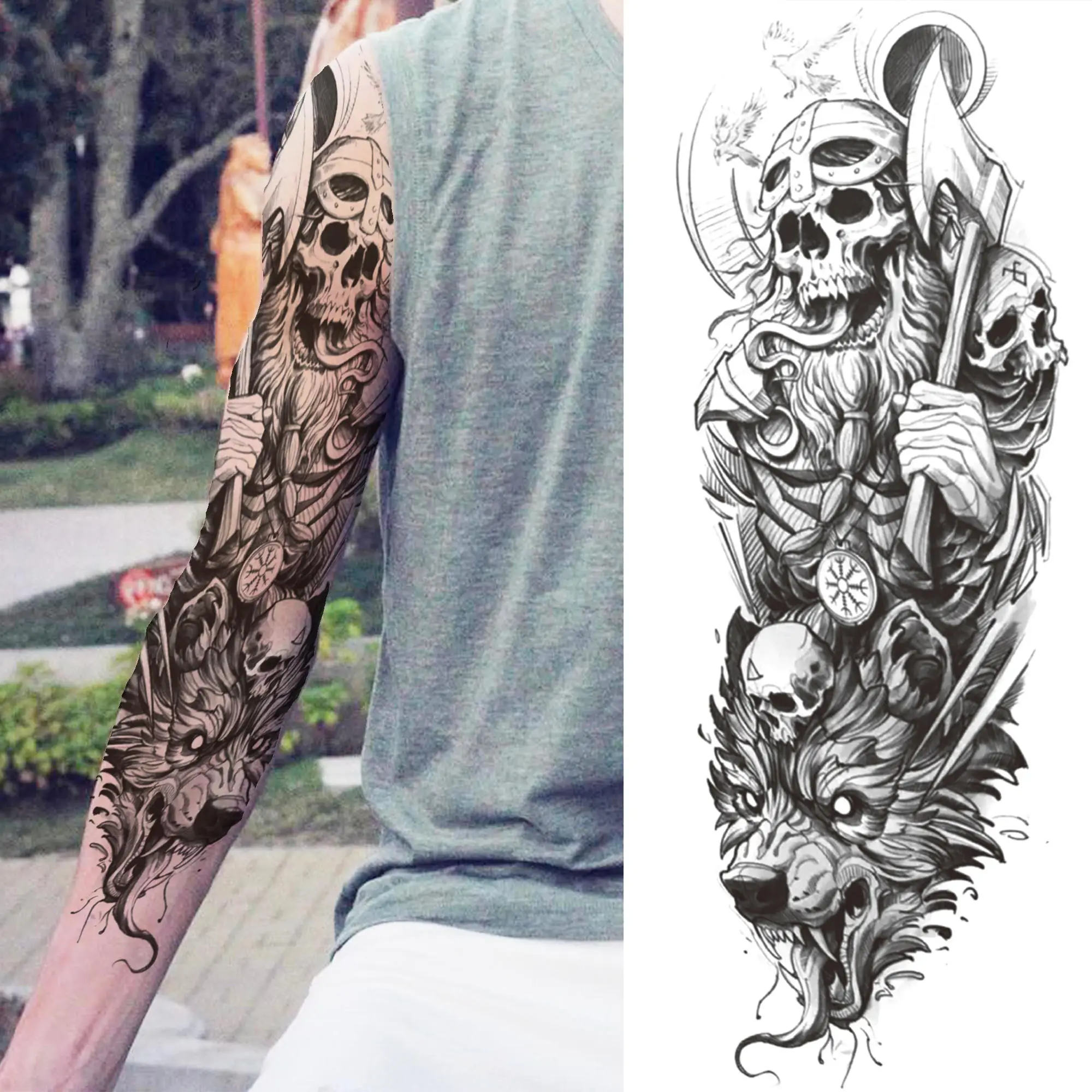 Black God Eagle Temporary Tattoo Sleeves For Men Women Lion Skull Compass Eye Fake Full Arm Tatoo Unique Washing Tattoo Stickers