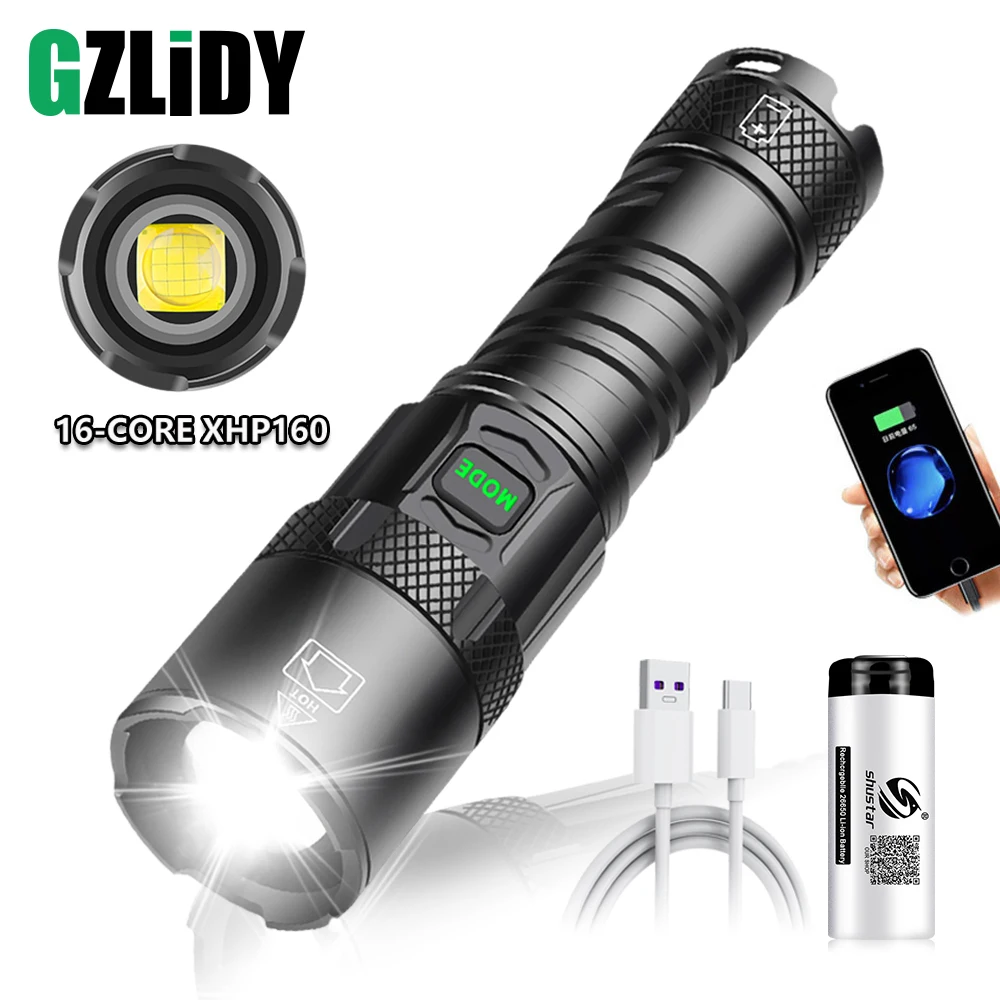 

Powerful XHP160 LED Flashlight Waterproof Tactical Torch USB Rechargeable XHP99 18650 Lantern Zoomable 5 Modes Fishing Light