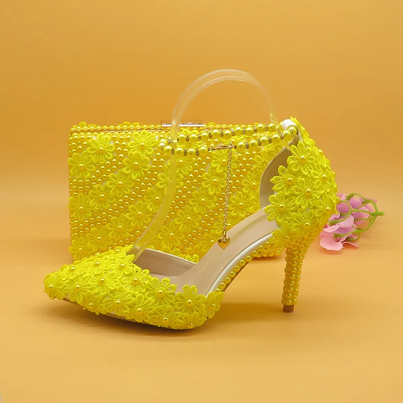 

7cm/9cm Yellow Flower Wedding Shoes With Matching Bags High Heels Pointed Toe Ankle Strap Ladies Party shoe and bag set