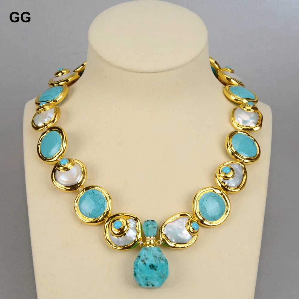 GuaiGuai Jewelry Natural Cultured Baroque Coin Pearl Gold Color Plated Blue Turquoises Necklace Bracelet Earrings Sets For Women
