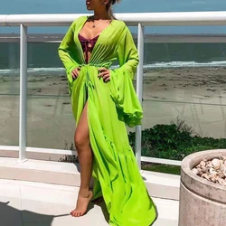 Casual Loose Female Swimming Cover Up Tops Oversized Solid Long Sleeve Beachwear Veil Dress Women Maxi Ruffle Patchwork Clothing