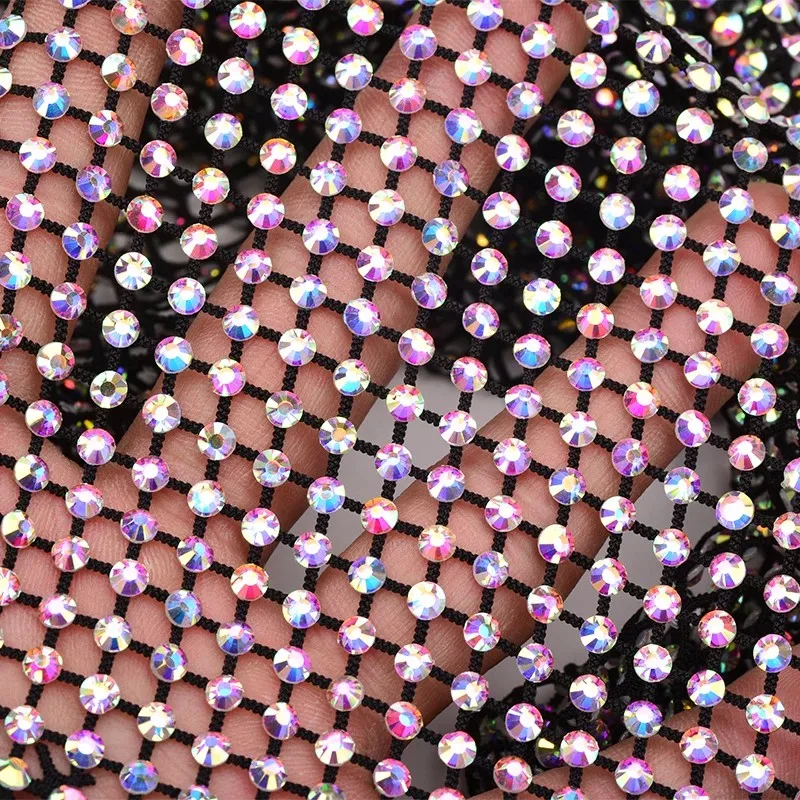 30x40/50x100/100x100cm Crystal AB Glass Black Mesh Rhinestones Fabric Glitter Sewing Elastic Trim Applique Stretch Strass Decor