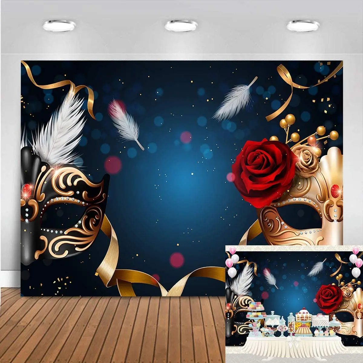 Photography Backdrop Masquerade Theme Golden Mask Dark Retro Background Red Rose White Feathers Mardi Party Decoration Banner